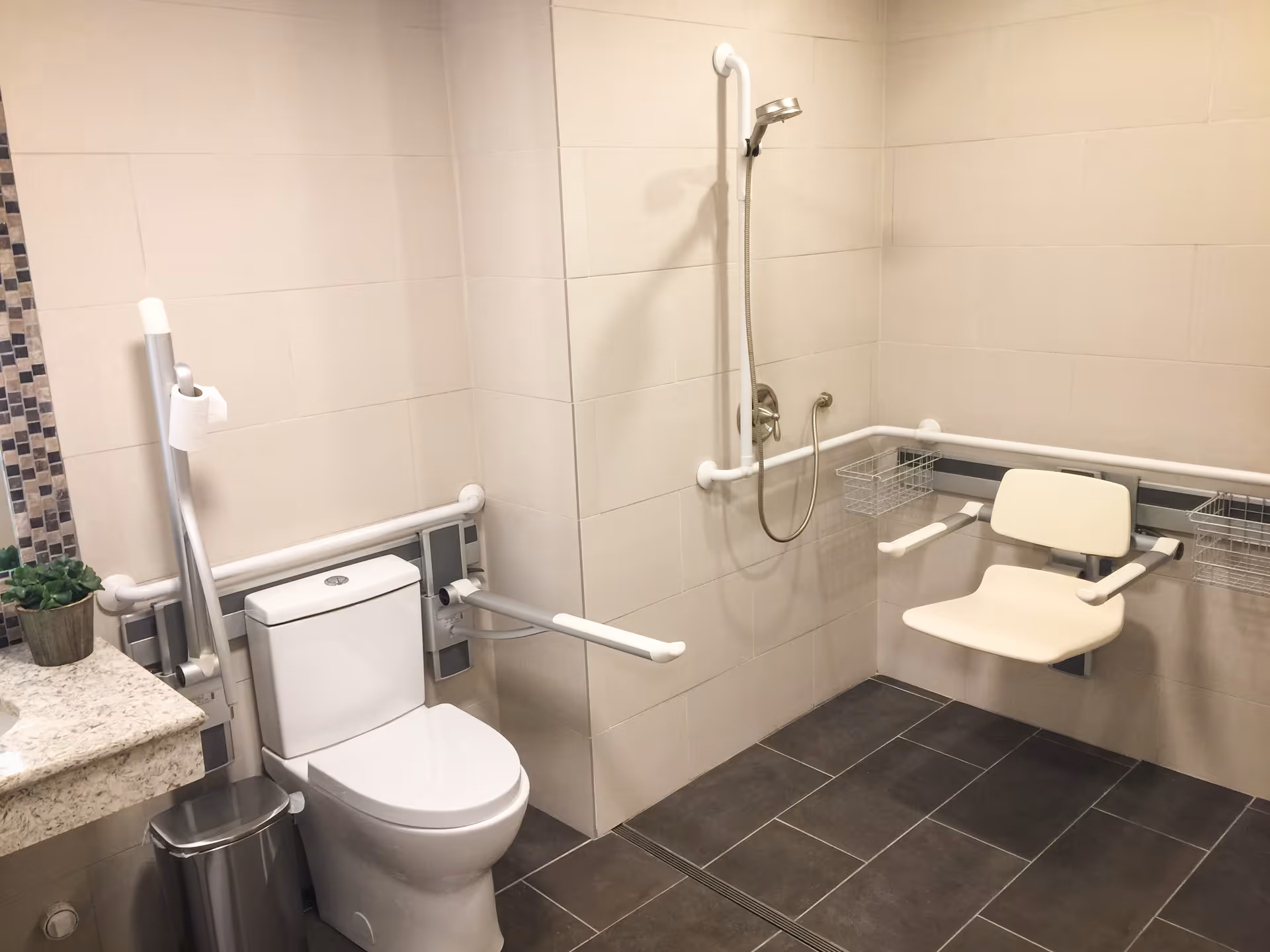 Accessible bathroom with a white toilet equipped with safety rails, a wall-mounted shower head, and a foldable shower seat with armrests. The bathroom has beige tiled walls, dark floor tiles, a small potted plant on the countertop, and a stainless steel trash can.
