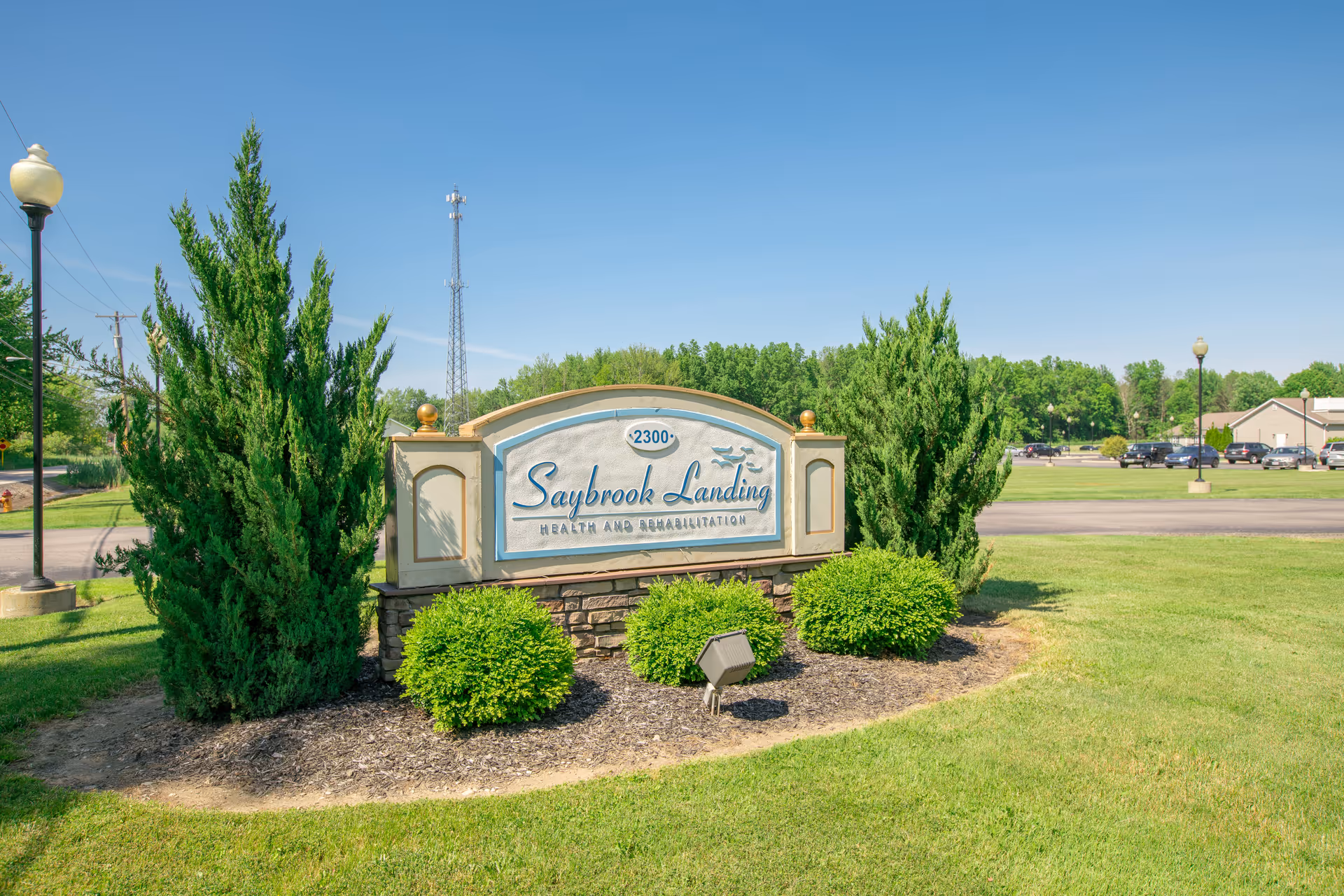 Outdoor view of a landscaped sign for Saybrook Landing Health and Rehabilitation, surrounded by green bushes and trees with a clear blue sky in the background.