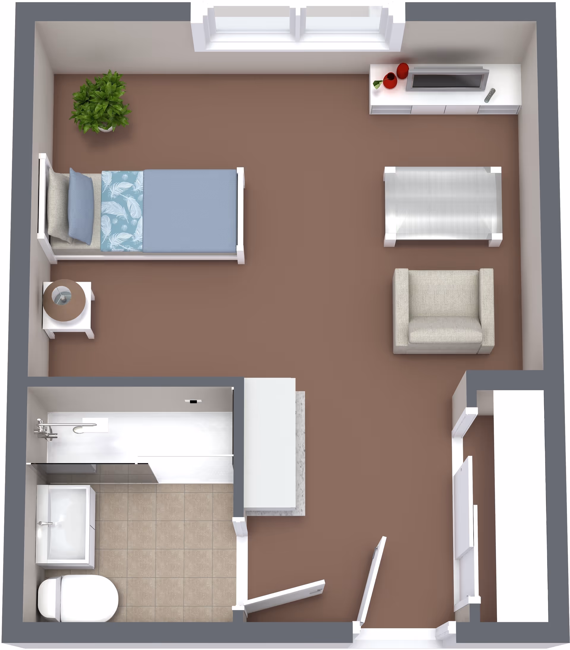 3D floor plan of a senior living studio apartment featuring a single bed with pillows and a blanket, a small nightstand with a lamp, a green potted plant, a sitting area with an armchair and a coffee table, a TV on a stand with decorative items, and a bathroom with a shower, sink, and toilet.