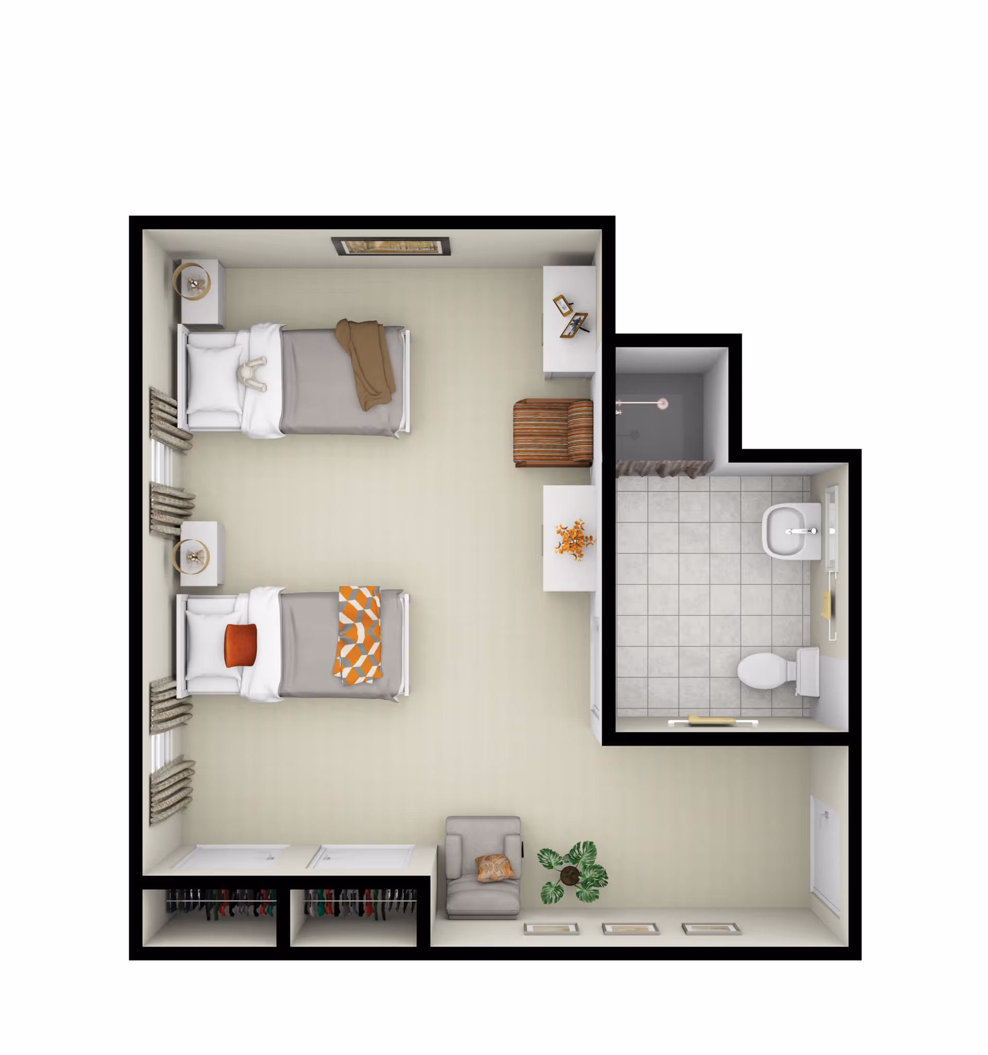 Top-down view of a senior living facility bedroom layout featuring two single beds with bedside tables, a small sitting area with an armchair and plant, a desk with a chair, a closet with hanging clothes, and an attached bathroom with a toilet, sink, and shower.