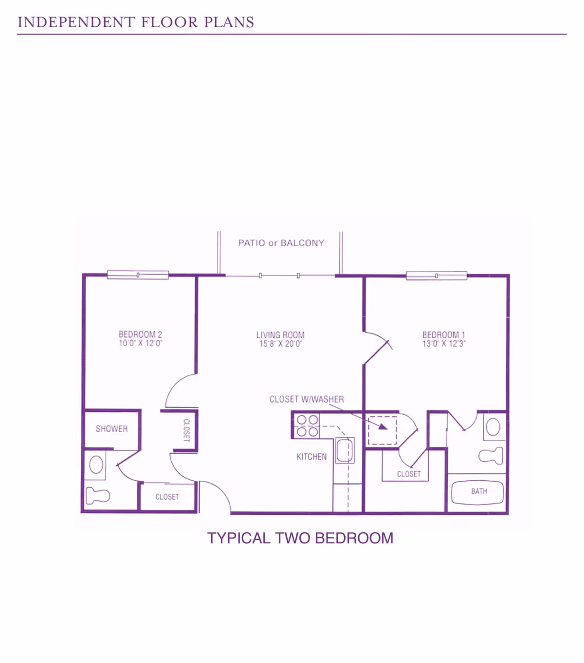 Floor plan of a typical two-bedroom independent living unit at Garden Villas Of Lenexa, showing two bedrooms, a living room, kitchen, two bathrooms (one with shower, one with bath), closets, and a patio or balcony.