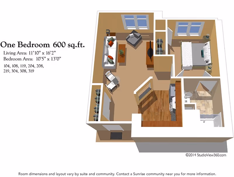 3D floor plan of a one-bedroom apartment with 600 square feet. The layout includes a living area with a sofa, armchair, coffee table, and TV, a bedroom with a bed and nightstands, a kitchen area, and a bathroom with a shower and toilet. The living area measures 11 feet 10 inches by 16 feet 2 inches, and the bedroom measures 10 feet 5 inches by 13 feet. The image includes text listing apartment numbers and a note about room dimensions varying by suite and community.
