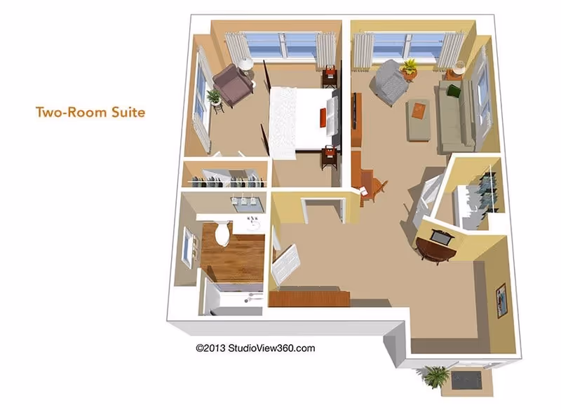3D floor plan of a two-room suite showing a bedroom with a bed, nightstands, and a chair; a living room with a sofa, armchair, coffee table, desk, and TV; a bathroom with a toilet, sink, and bathtub; and closets. The suite has windows with curtains and a small entry area with a plant.