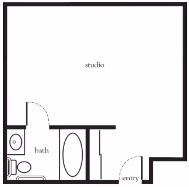 Floor plan of a studio apartment featuring an entryway, a main studio living area, and a bathroom with a sink, toilet, and bathtub.