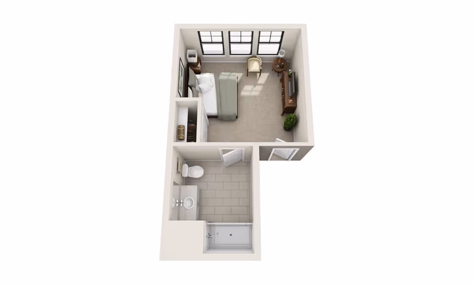 3D floor plan of a small apartment unit featuring a bedroom with a bed, chair, TV on a stand, and a plant. Adjacent to the bedroom is a bathroom with a toilet, sink, and shower.