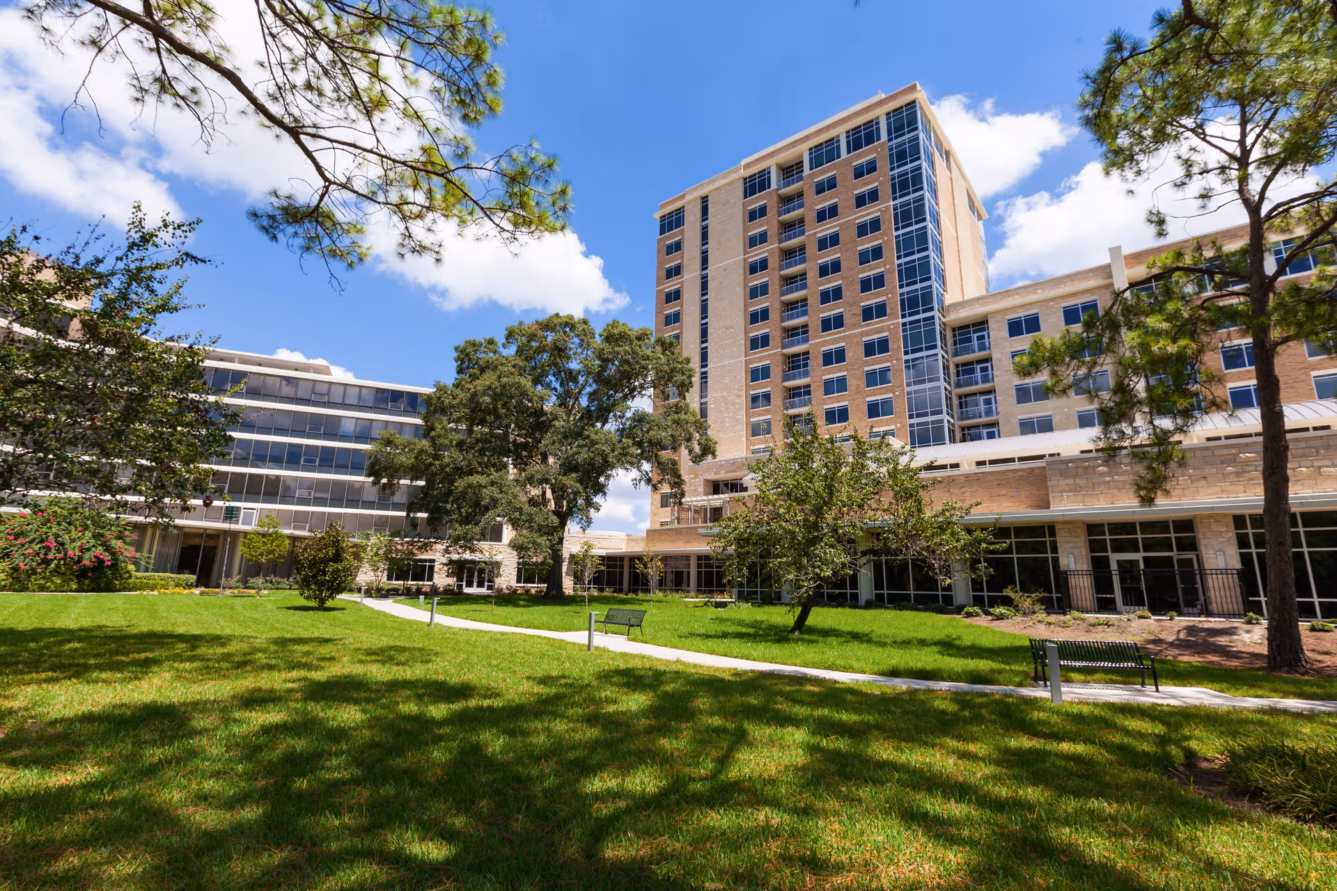 A tall multi-story building with large windows surrounded by a green lawn with trees and benches under a blue sky with some clouds.