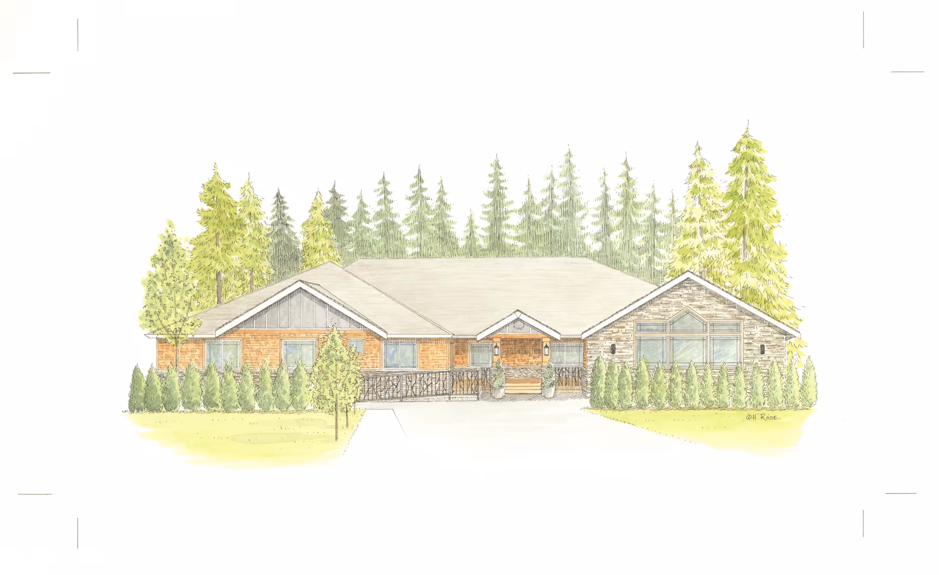 Illustration of a single-story senior care facility building surrounded by trees and shrubs, with a pathway leading to the entrance.