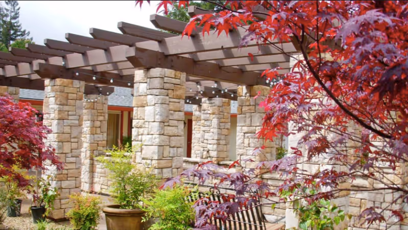 Outdoor patio area with stone pillars supporting wooden beams overhead, surrounded by lush greenery and red-leaved trees, with a bench visible among the plants.