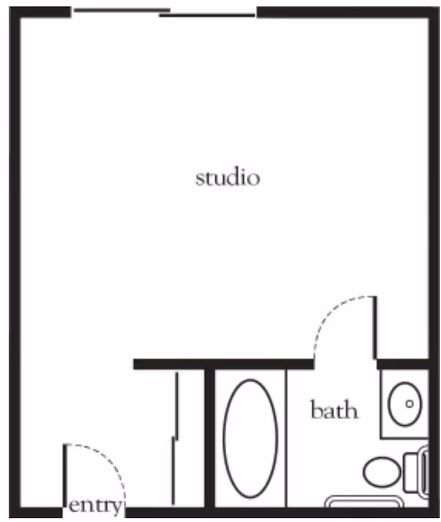 Floor plan of a studio apartment with an entry area, a main studio living space, and a bathroom that includes a bathtub, toilet, and sink.