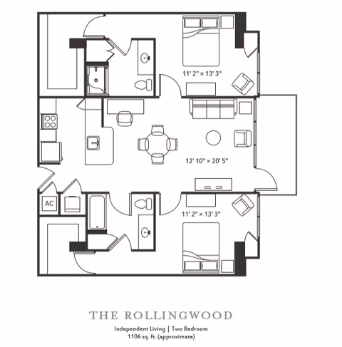 Floor plan of The Rollingwood, an independent living two-bedroom apartment with approximately 1106 square feet. The layout includes two bedrooms, two bathrooms, a kitchen, a dining area, and a living room.