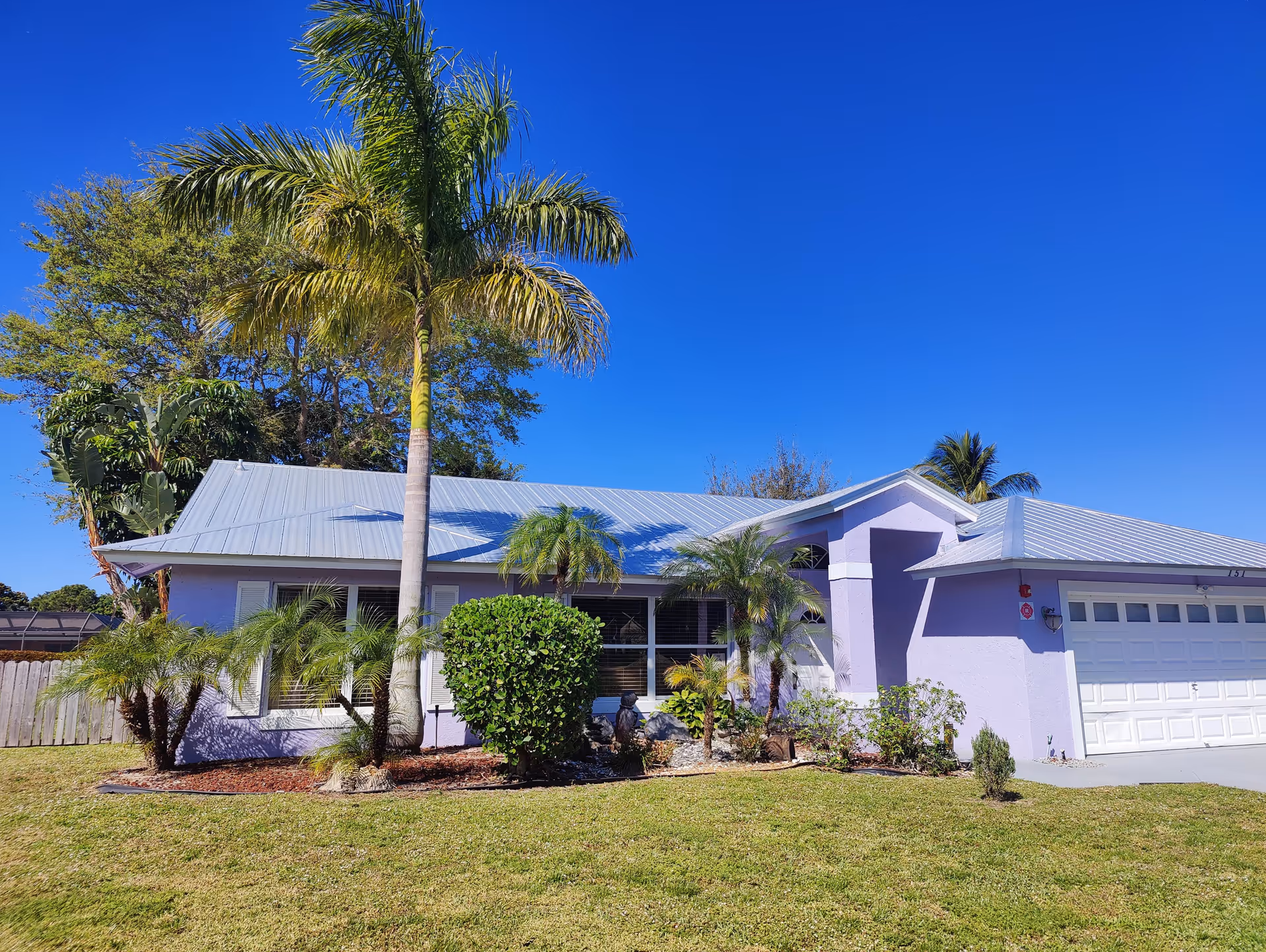 Exterior view of a single-story lavender-colored house with a metal roof, surrounded by palm trees and other greenery under a clear blue sky.