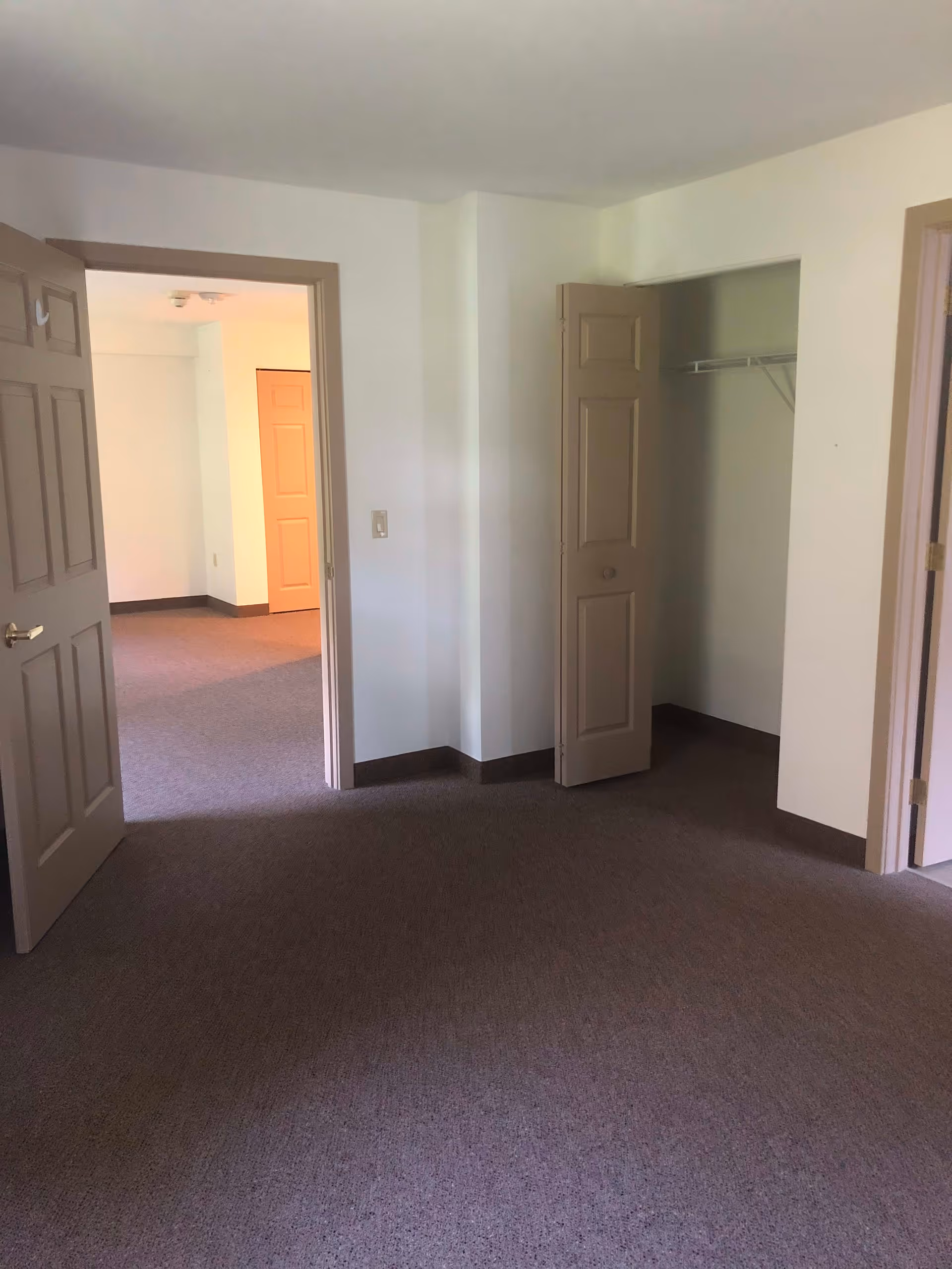 Empty room with beige carpet and light-colored walls, featuring an open closet with a shelf and hanging rod, and two open doorways leading to adjacent rooms.