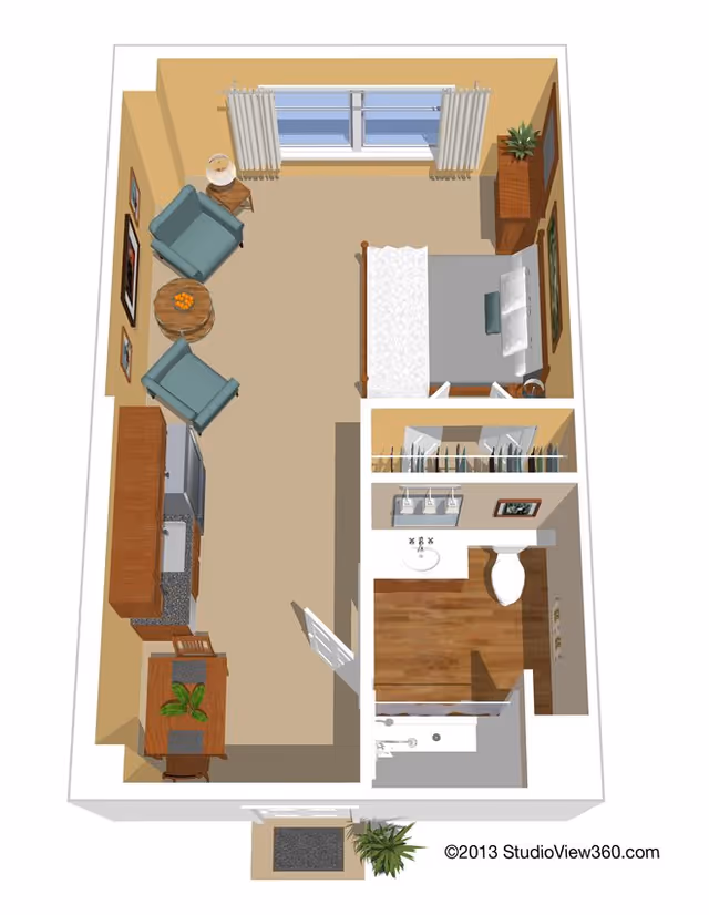 3D floor plan of a studio apartment featuring a sleeping area with a bed and dresser, a living area with two armchairs and a round table, a kitchenette with cabinets and a dining table with two chairs, and a bathroom with a sink, toilet, and shower. There is a window with curtains in the sleeping area and a small entryway with a plant.