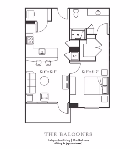 Floor plan of The Balcones, an independent living one-bedroom apartment with approximately 680 square feet. The layout includes a bedroom, bathroom, kitchen with a counter and stools, living area with seating, and a balcony.