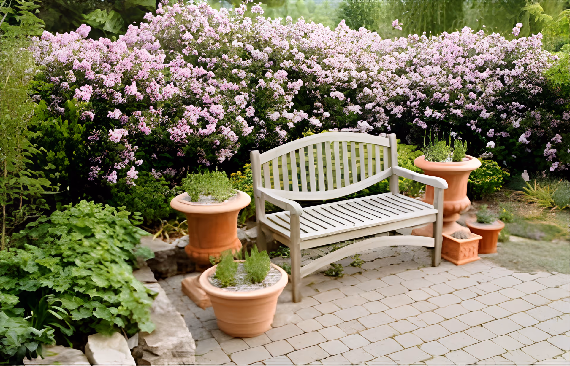 A peaceful garden scene featuring a white wooden bench surrounded by terracotta pots with green plants. Behind the bench, there is a lush hedge with blooming pink flowers. The ground is paved with light-colored stone tiles.