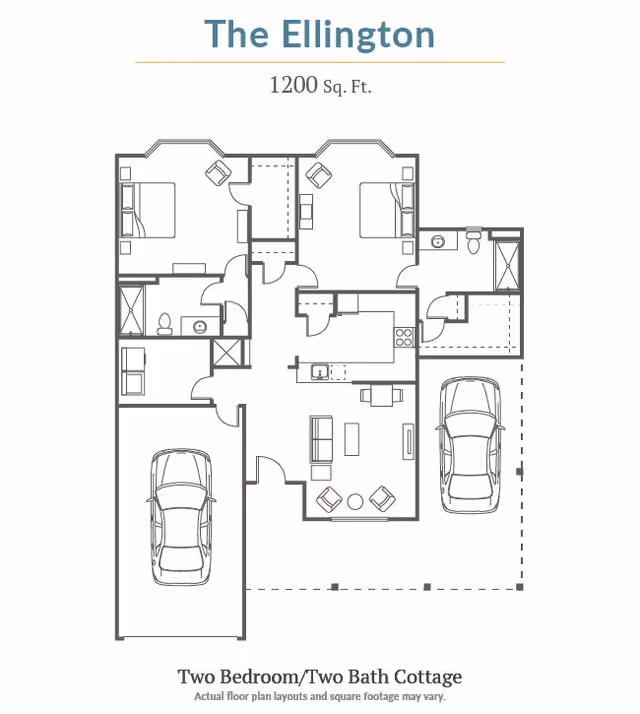 Floor plan of The Ellington, a 1200 square feet two bedroom, two bath cottage with two garages, living room, kitchen, and bathrooms.