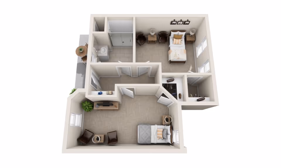 3D floor plan of a two-bedroom apartment featuring a living area with two chairs and a TV, a bathroom with a shower, and a small outdoor patio with a table and two chairs. Each bedroom has a bed and nightstands, with one bedroom also having two additional chairs and a small table.