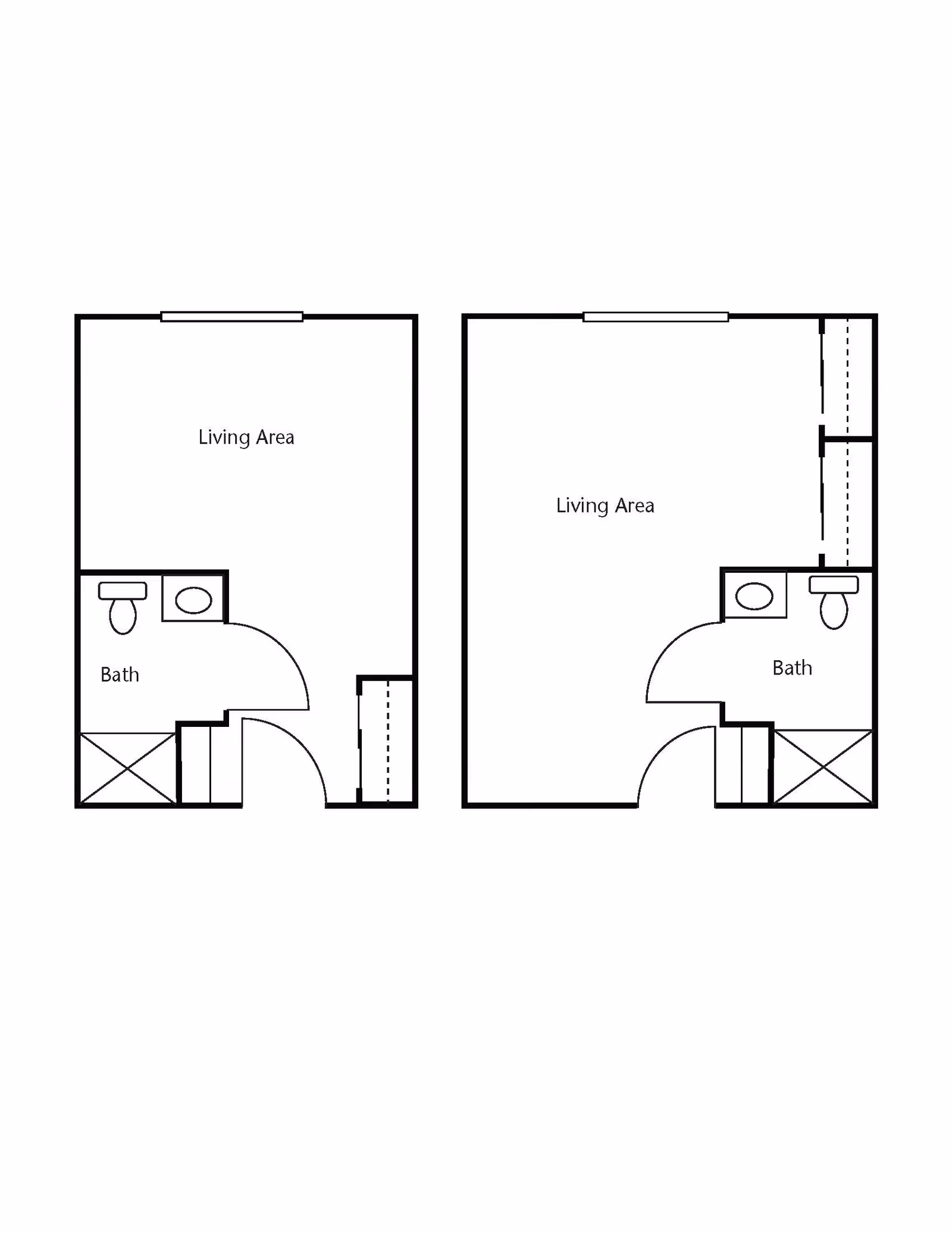 Architectural floor plan showing two studio apartment layouts with a living area and a bathroom in each unit.