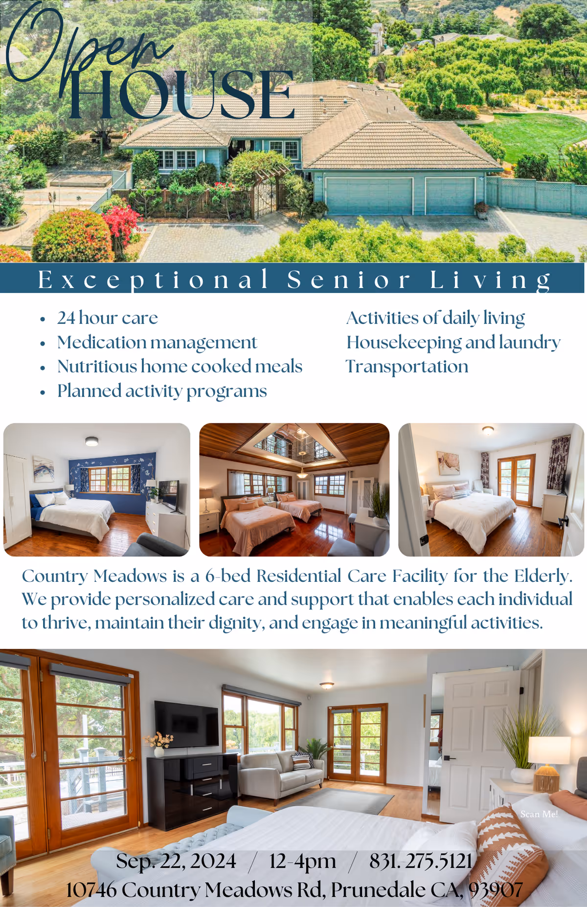 Flyer for Country Meadows Residential Care featuring an aerial view of a single-story house surrounded by greenery, three smaller images of bedrooms with beds and windows, and a living room with sofas, a TV, and large windows. The flyer highlights services such as 24-hour care, medication management, nutritious home-cooked meals, planned activity programs, activities of daily living, housekeeping and laundry, and transportation. It includes contact information and an open house event date.