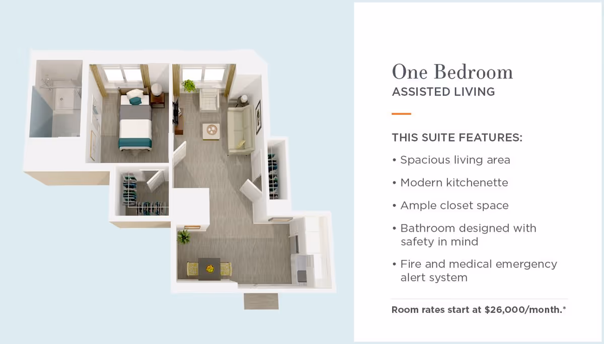 3D floor plan of a one-bedroom assisted living suite showing a bedroom with a bed and nightstand, a bathroom with a shower, a spacious living area with a sofa, chair, and TV, a modern kitchenette with appliances, a dining table with two chairs, and ample closet space.