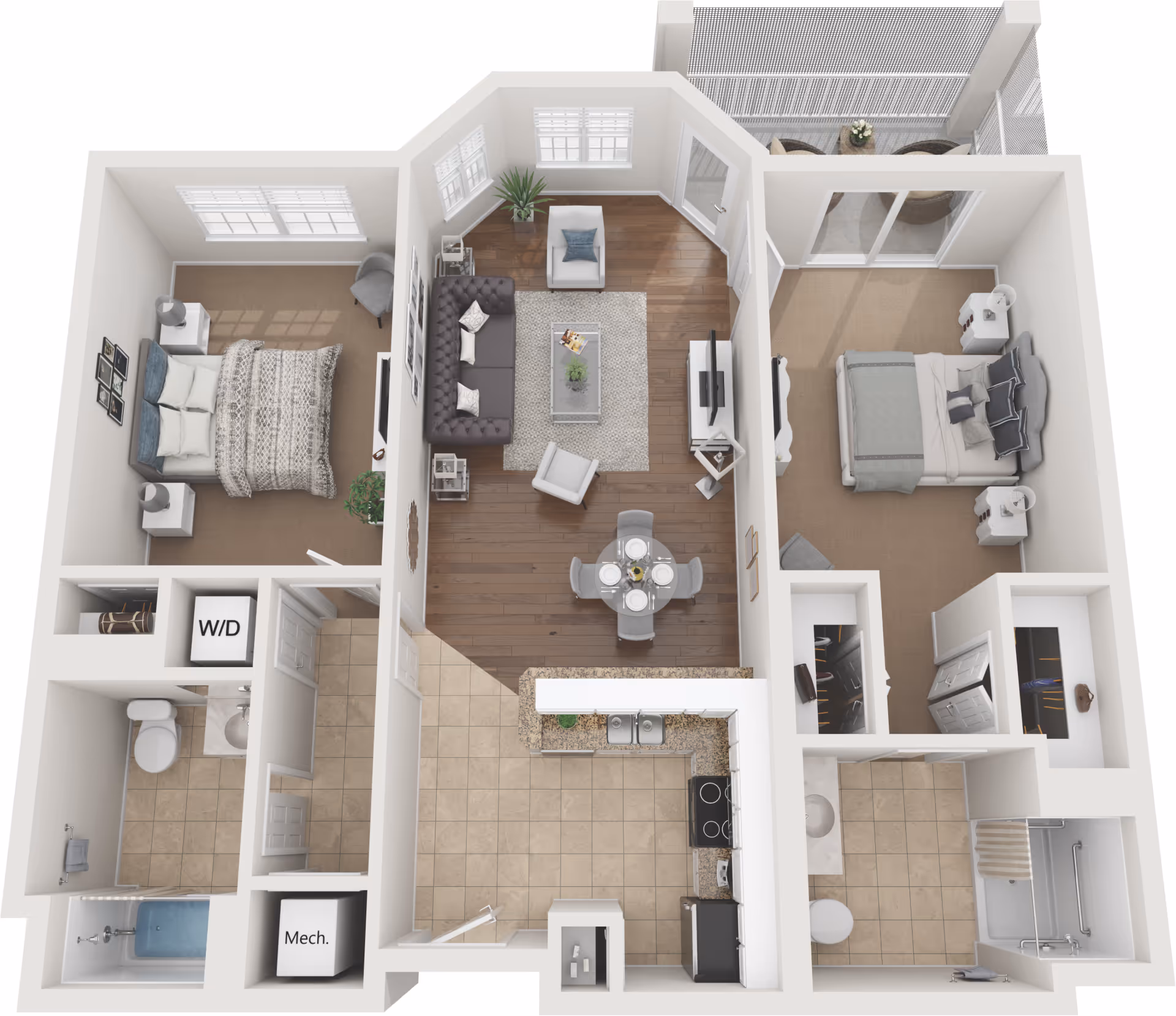 3D floor plan of a two-bedroom apartment featuring a living room with sofa, two chairs, coffee table, and TV. Adjacent dining area with round table and four chairs. Kitchen with tiled floor, countertops, sink, stove, and refrigerator. Two bedrooms with beds, nightstands, and closets. Two bathrooms with toilets, sinks, and showers. Balcony with two chairs and a small table. Laundry area with washer and dryer. Mechanical room near the entrance.