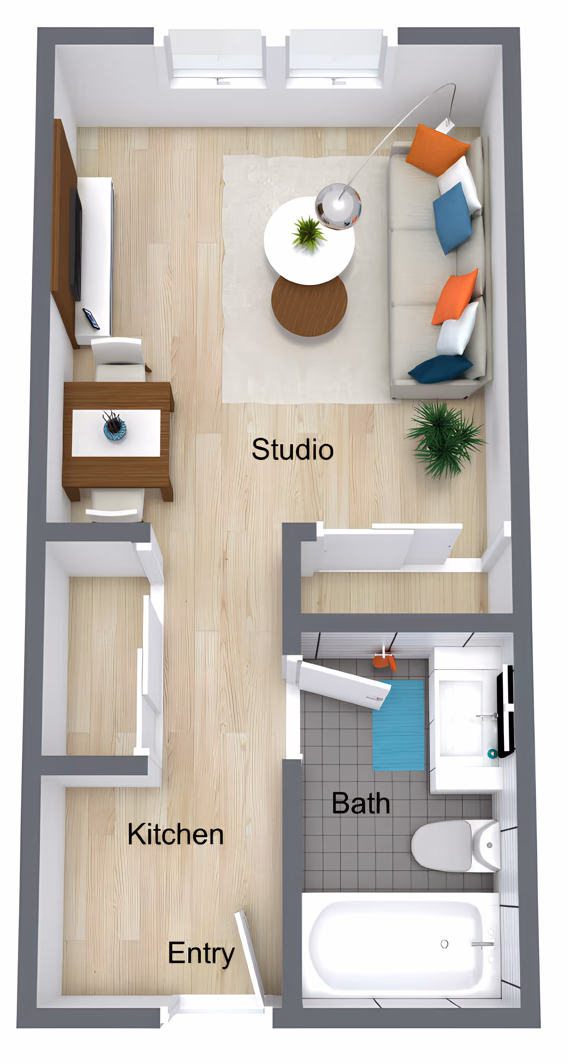 3D floor plan of a studio apartment at Menifee Senior Living showing an entry leading to a kitchen area, a combined living and sleeping studio space with a sofa, coffee tables, and a desk, and a separate bathroom with a bathtub, toilet, and sink.
