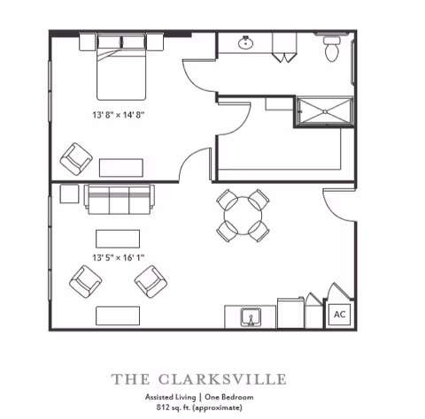 Architectural floor plan of The Clarksville, an assisted living one-bedroom unit approximately 812 square feet. The layout includes a bedroom with a bed and chair, a bathroom with a sink, toilet, and shower, a living room with sofa and chairs, a dining area with a round table and four chairs, and a small kitchen area with a sink and appliances. There is also an AC closet near the entrance.