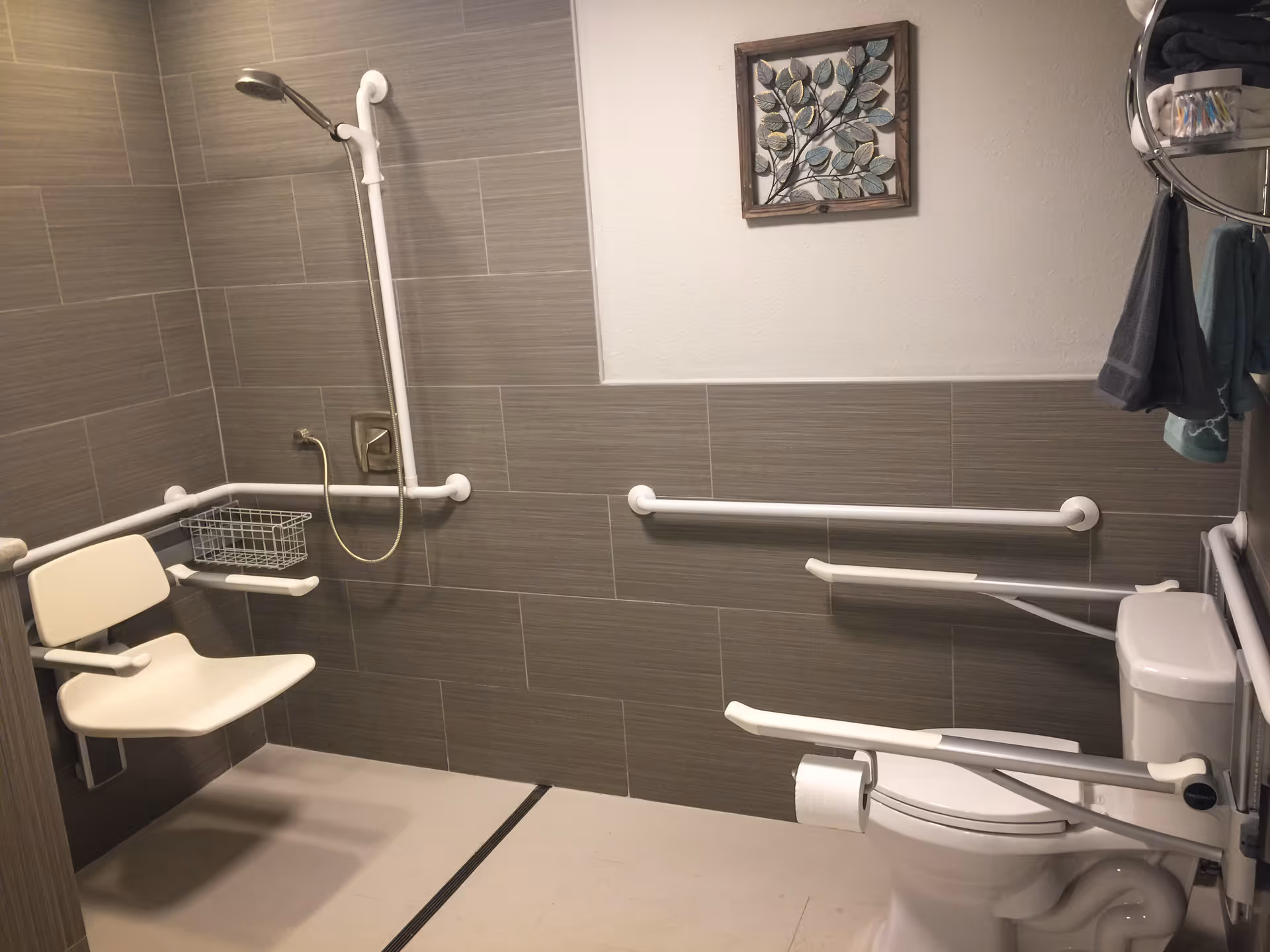 Accessible bathroom with a wall-mounted shower chair, handheld showerhead, grab bars around the shower and toilet area, a toilet with foldable support arms, and a small wall-mounted basket. A decorative framed artwork with leaves hangs on the wall above the grab bar.