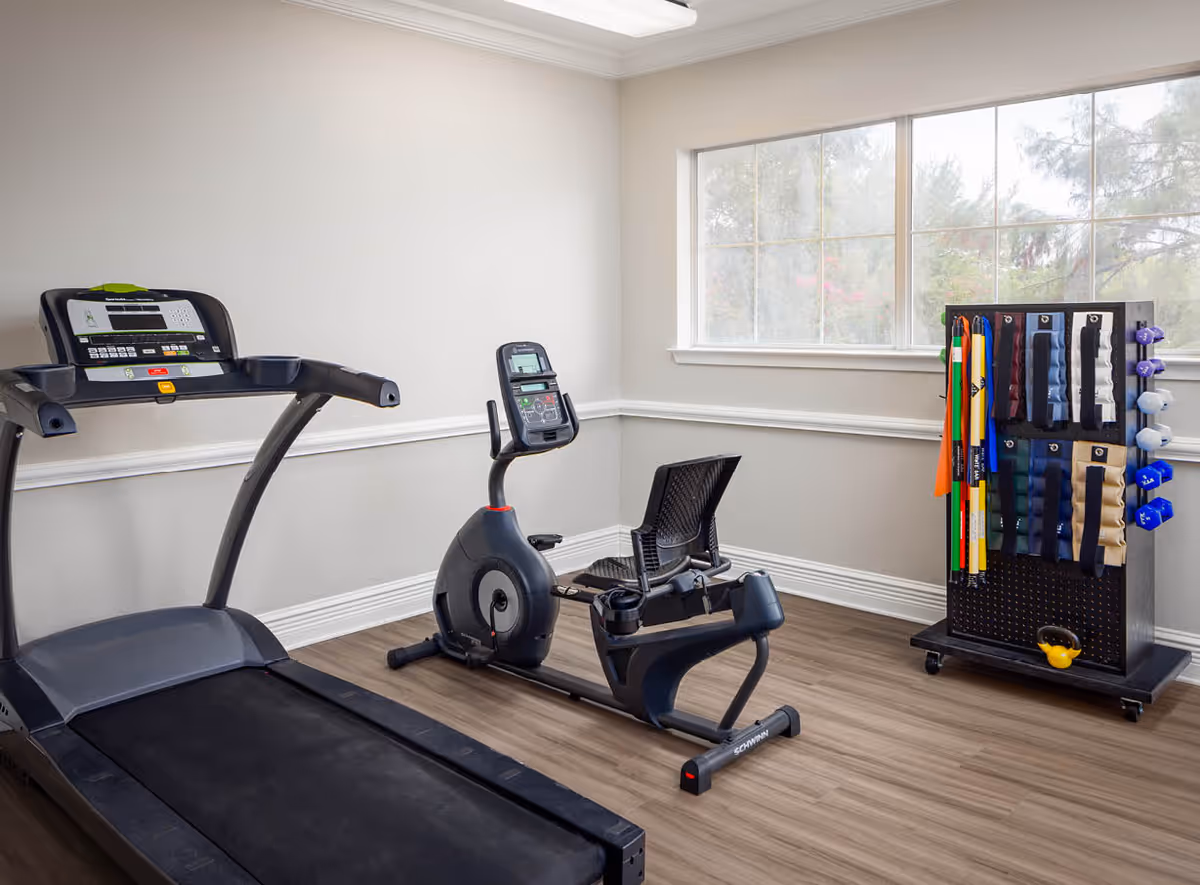 A small fitness room with a treadmill, a recumbent exercise bike, and a rack holding various exercise equipment including resistance bands, dumbbells, and a kettlebell. The room has light-colored walls, wood flooring, and a large window letting in natural light.