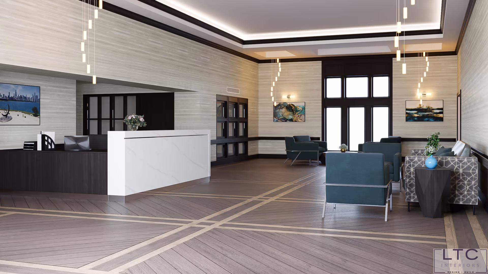 A modern and spacious reception area with a white and dark wood reception desk on the left. The room features light wood flooring with a geometric pattern, light-colored walls with dark trim, and large windows letting in natural light. There are several teal armchairs and a patterned sofa arranged around small tables with decorative plants and artwork on the walls. Contemporary pendant lights hang from the ceiling.