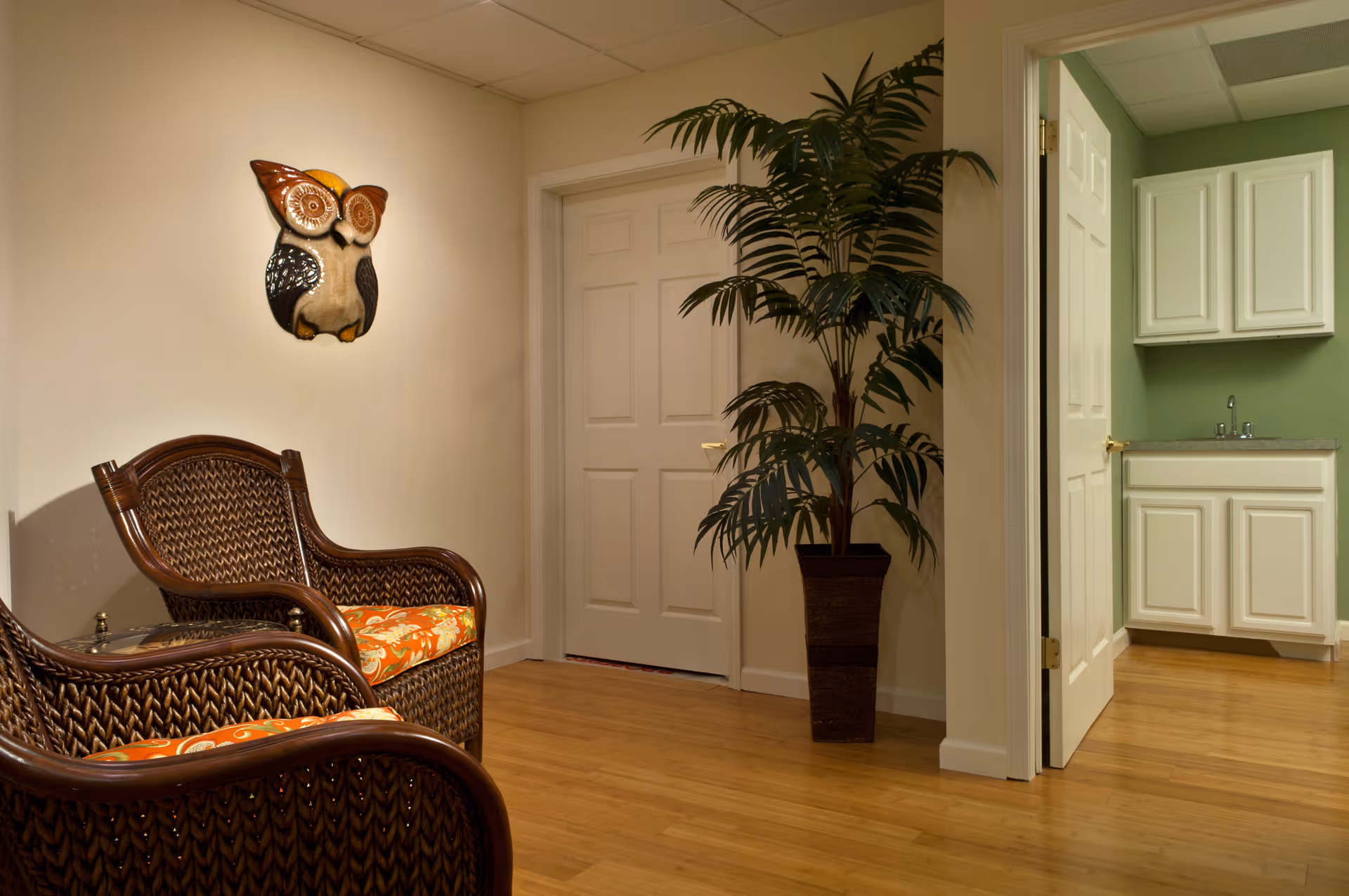 A cozy interior corner featuring two wicker chairs with orange floral cushions, a large potted plant, a white door, and a wall-mounted owl decoration. To the right, an open door reveals a small kitchenette area with white cabinets and a sink against a green wall.