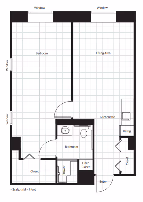 Architectural floor plan of a senior living unit at Belmont Village Senior Living San Jose, showing a bedroom with three windows and a closet, a living area with two windows, a kitchenette with refrigerator, an entry area with a closet, and a bathroom with a shower, toilet, sink, and linen closet. The scale grid represents 1 foot per square.