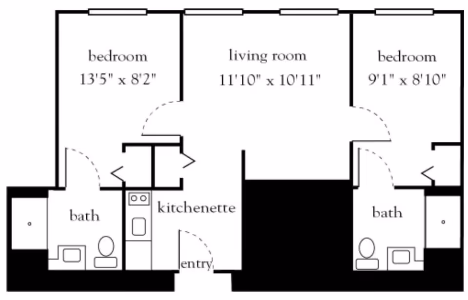 Floor plan of a living space at Atria Marland Place showing two bedrooms, two bathrooms, a living room, and a kitchenette with an entry area. The left bedroom measures 13 feet 5 inches by 8 feet 2 inches, the living room measures 11 feet 10 inches by 10 feet 11 inches, and the right bedroom measures 9 feet 1 inch by 8 feet 10 inches. Each bedroom has an adjacent bathroom, and the kitchenette is located near the entry.