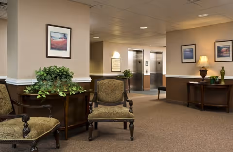 A well-lit interior common area with two upholstered chairs, a wooden side table with a green plant, framed artwork on beige walls, and two elevators in the background.