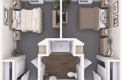 Top-down view of a floor plan showing two bedrooms separated by a bathroom in the center. Each bedroom has a bed, nightstands with lamps, a dresser, and a TV mounted on the wall opposite the bed. The bathroom includes a shower, toilet, and sink. The flooring in the bathroom area is wood, while the bedrooms have carpet.