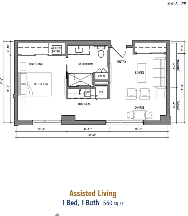 Floor plan layout of an assisted living unit with one bedroom and one bathroom, showing a bedroom with a bed and nightstands, a bathroom, and a living area with a sofa, chairs, coffee table, and dining table. The total area is 560 square feet.