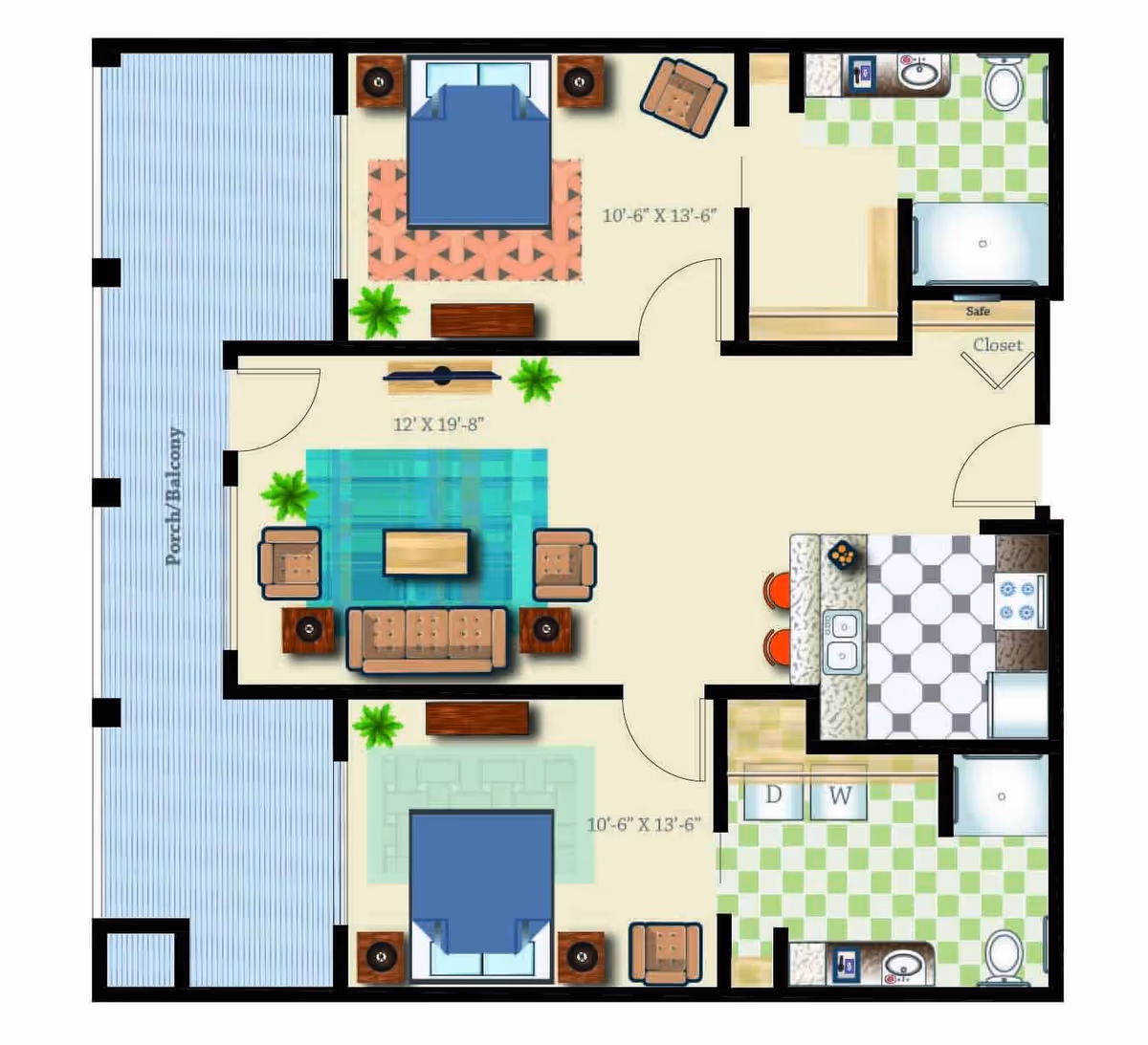 Floor plan of an apartment unit showing two bedrooms, a living room, a kitchen, two bathrooms, a closet, and a porch/balcony area. The bedrooms each have a bed, nightstands, and chairs. The living room has a sofa, chairs, coffee table, and side tables. The kitchen includes a sink, stove, refrigerator, and a breakfast bar with stools. The bathrooms have sinks, toilets, and one has a shower. There is also a laundry area with washer and dryer.