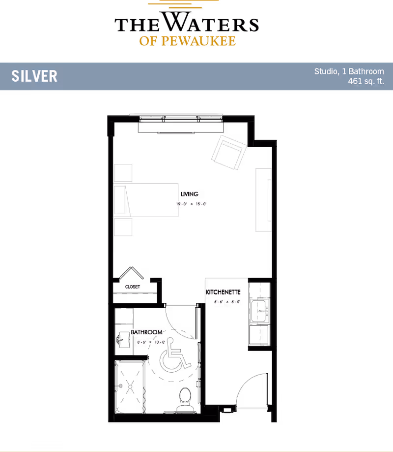 Floor plan layout of a studio apartment named Silver at The Waters of Pewaukee, showing a living area, kitchenette, bathroom, and closet with dimensions.