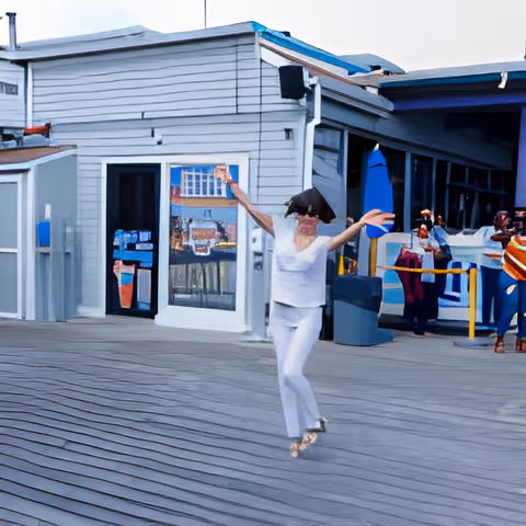 A person dressed in white is joyfully jumping on a wooden deck outside a building with gray siding and large windows. Other people are visible in the background near the building entrance.