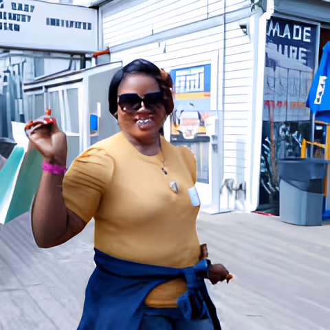 A woman wearing sunglasses, a mustard yellow shirt, and a blue jacket tied around her waist is smiling and posing outdoors on a wooden deck near white buildings with large windows and signs.