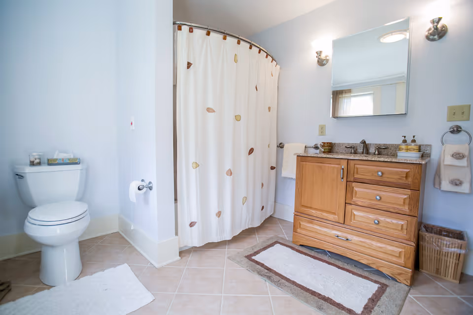 A clean and well-lit bathroom featuring a white toilet with a tissue box on top, a curved shower curtain with leaf patterns, a wooden vanity with a granite countertop, a mirror above the sink, two wall-mounted light fixtures, and two rugs on the tiled floor.