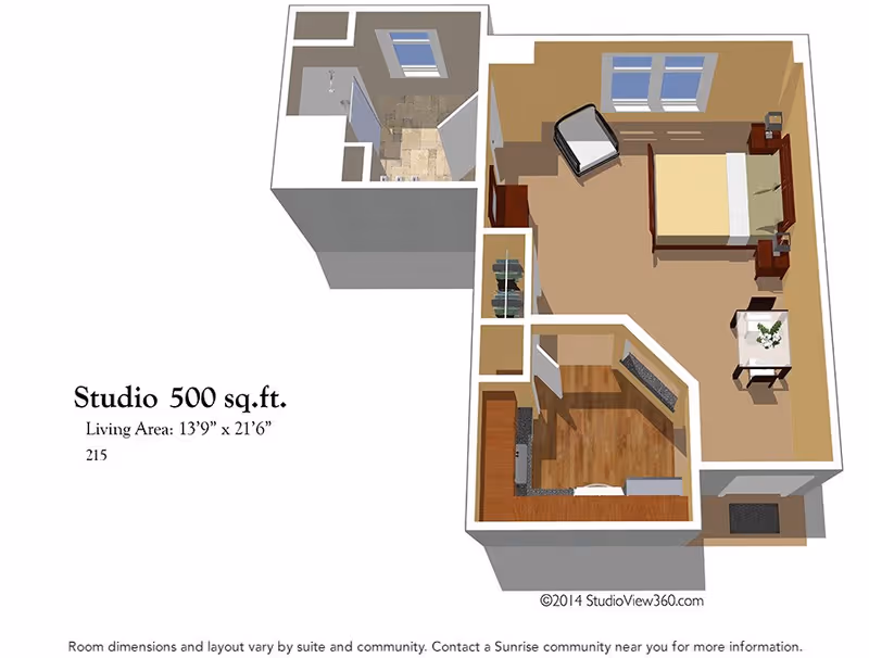 3D floor plan of a 500 sq.ft. studio apartment showing a living area with a bed, chair, small dining table, kitchen with appliances, and a bathroom with tiled floor.