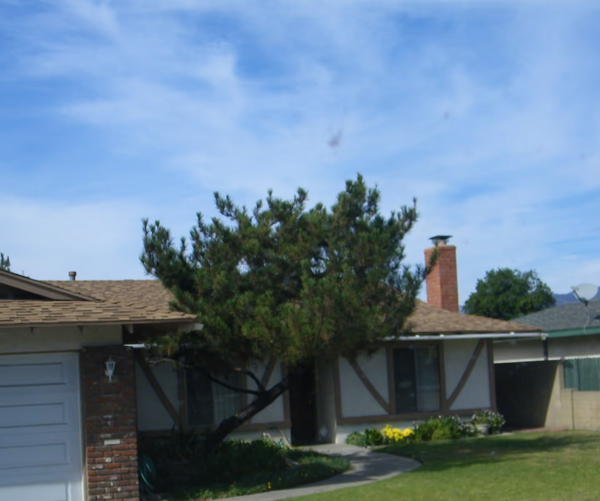 Single-story house with a sloped roof, a brick chimney, and a large tree in front. There is a green lawn and a curved concrete pathway leading to the front door. The sky is partly cloudy.