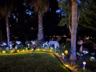 A nighttime outdoor garden scene with palm trees and decorative illuminated lights shaped like flowers and animals, creating a peaceful and enchanting atmosphere.