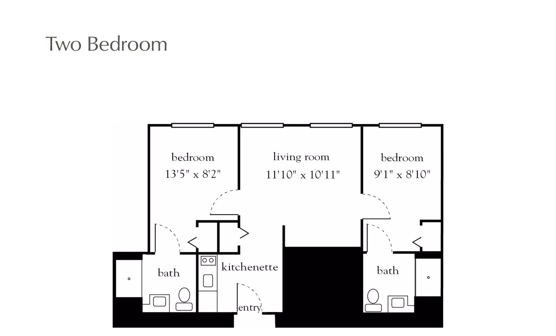 Floor plan of a two-bedroom apartment showing two bedrooms, two bathrooms, a living room, a kitchenette, and an entry area. The dimensions of each bedroom and the living room are labeled.