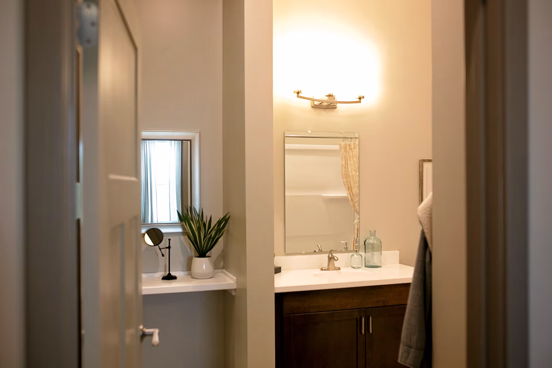 View through a partially open door into a bathroom with a sink, mirror, and light fixture above. A small shelf to the left holds a potted plant and a small round mirror. A shower curtain is visible in the mirror's reflection.