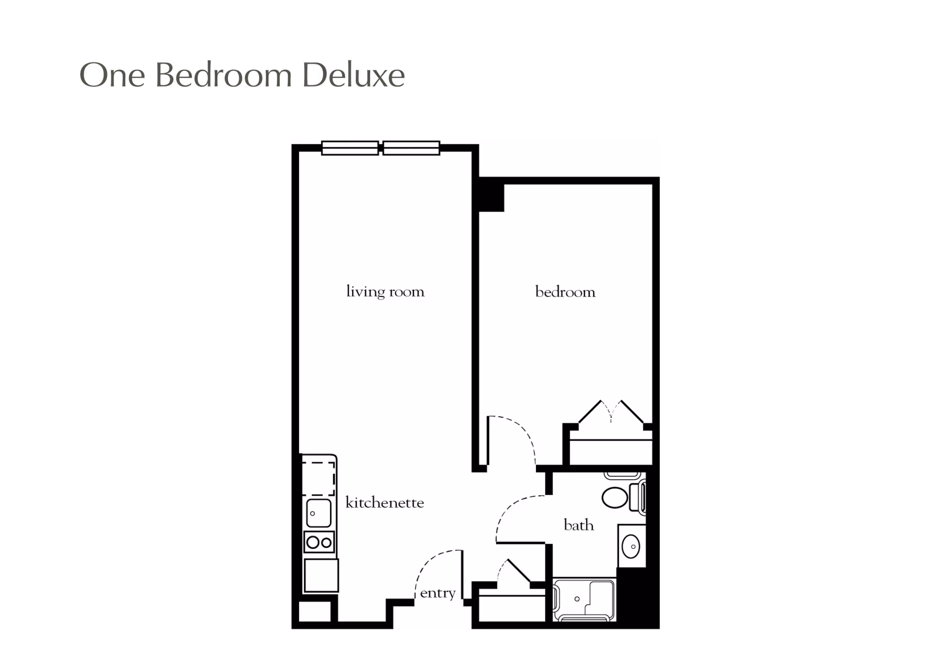 Floor plan layout of a one bedroom deluxe apartment showing a living room, kitchenette, entry, bedroom, and bath.