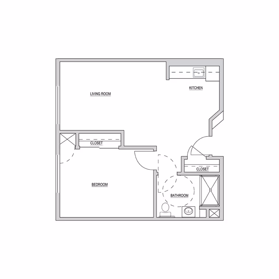 Architectural floor plan of a one-bedroom apartment at Legacy House of Taylorsville, showing a living room, kitchen, bedroom, bathroom, and two closets.