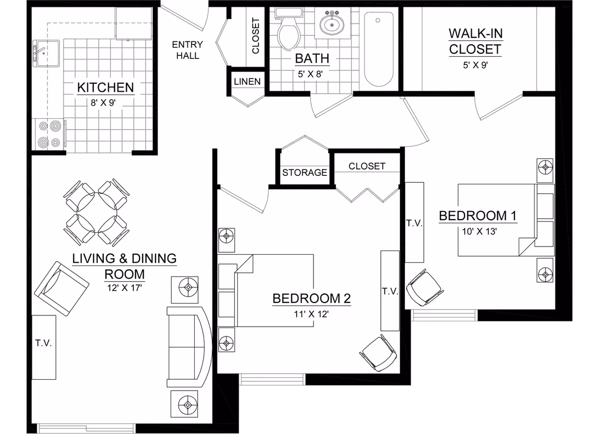 Floor plan of a two-bedroom apartment at Marywood Apartments showing an entry hall, kitchen, living and dining room, bathroom, walk-in closet, storage, and two bedrooms with dimensions and furniture layout.