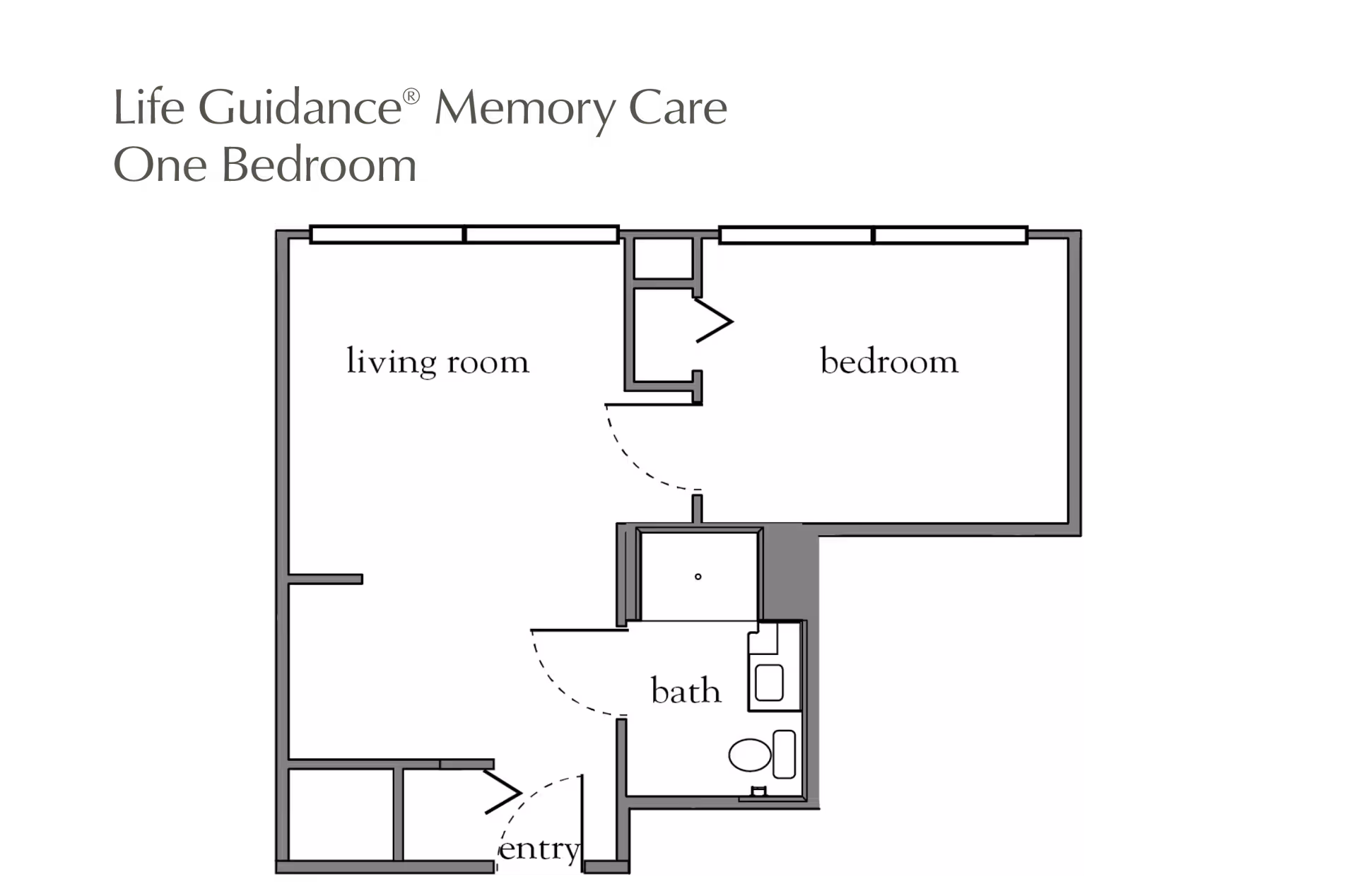 Floor plan layout of a one-bedroom memory care unit showing a living room, bedroom, bathroom, and entry area.